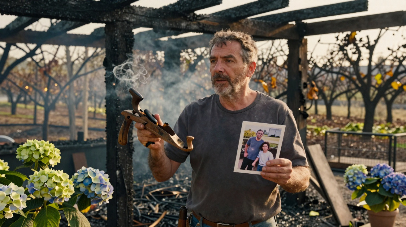 Homme dans ruines brûlées, tenant une photo et un objet enfumé, entouré de fleurs colorées.