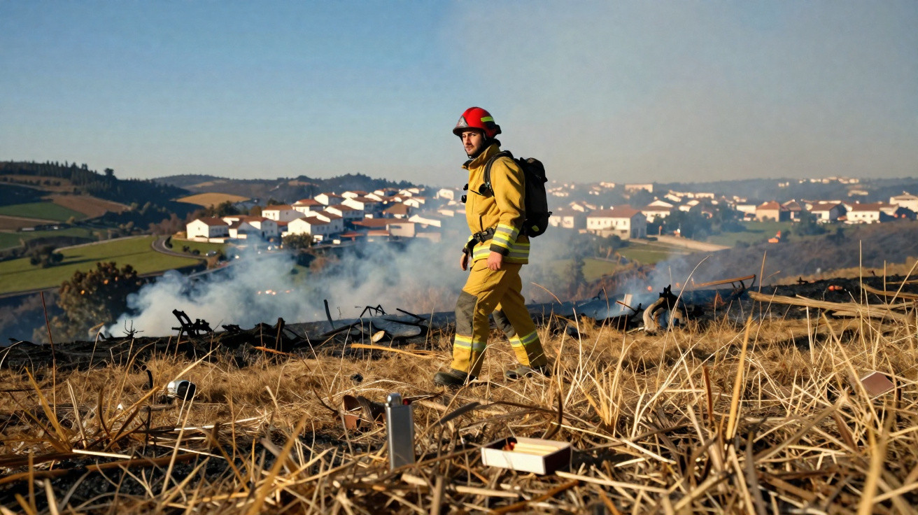 Pompier en tenue jaune et casque rouge marchant dans un champ brûlé avec fumée et village en arrière-plan.