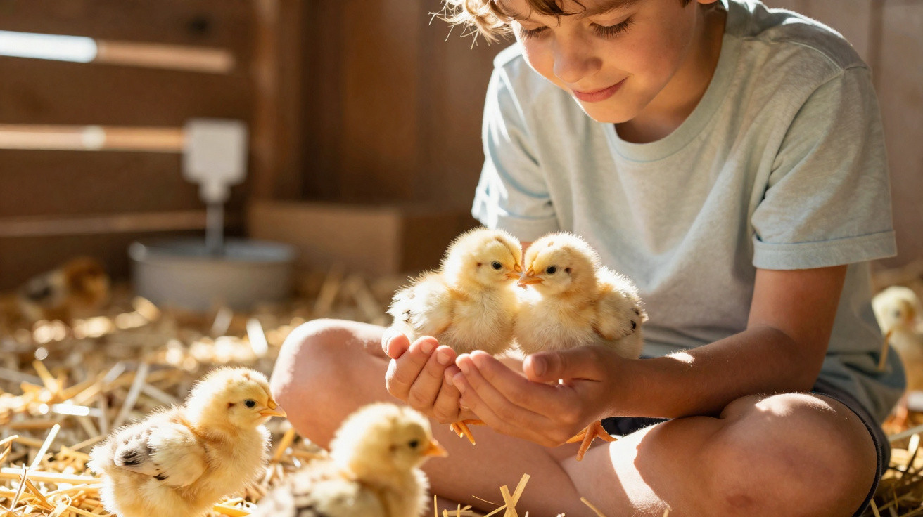 Garçon souriant tenant deux poussins dans ses mains, entouré de poussins sur de la paille.