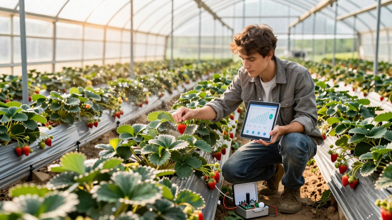 Jeune homme utilisant une tablette pour surveiller la culture de fraises dans une serre moderne.