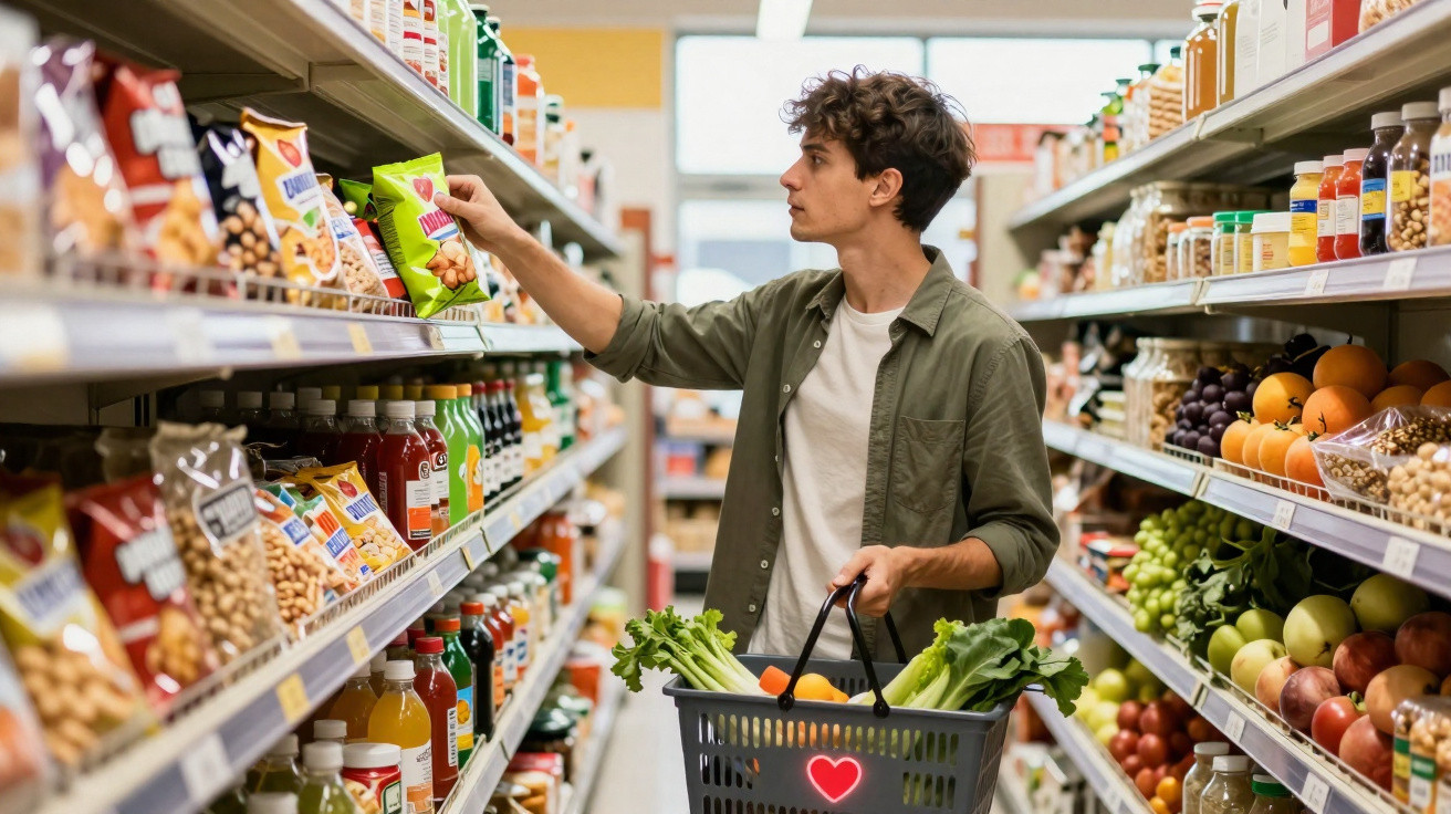 Homme choisissant un paquet de snack dans une épicerie, panier rempli de fruits et légumes frais.
