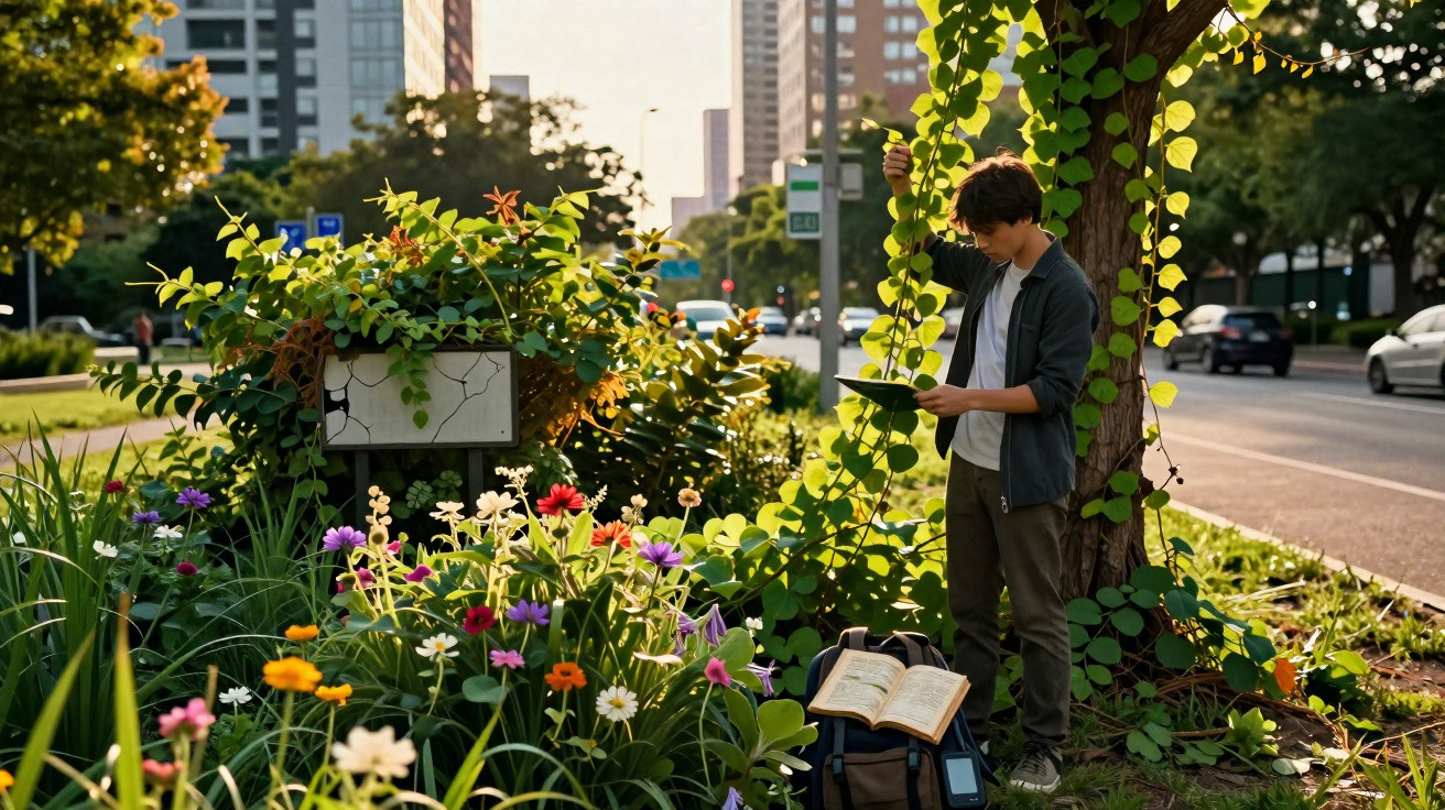 Jeune homme lisant un livre près de fleurs colorées au bord d'une rue urbaine ensoleillée.