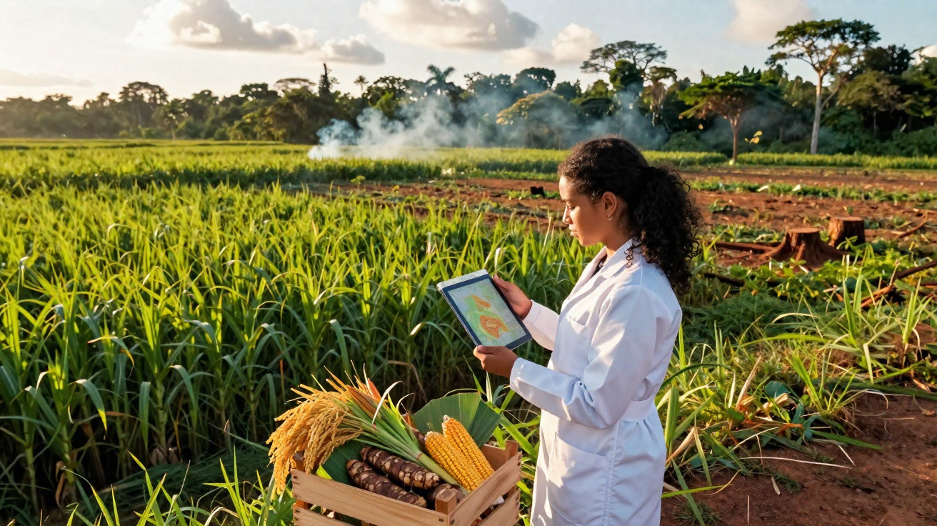 Agronome en blouse blanche analysant des données sur tablette dans un champ avec caisse de récoltes variées.