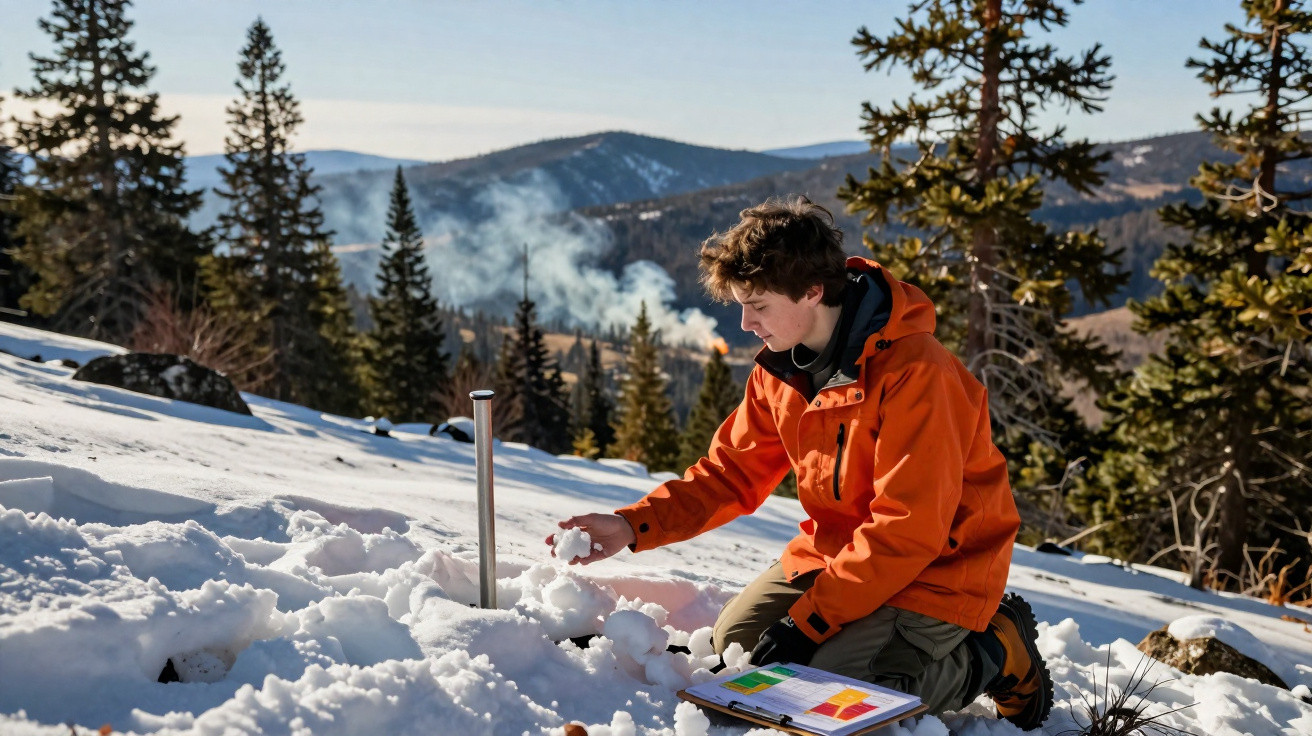 Jeune homme en anorak orange analysant la neige en montagne avec un carnet, entouré de sapins et collines enneigées.