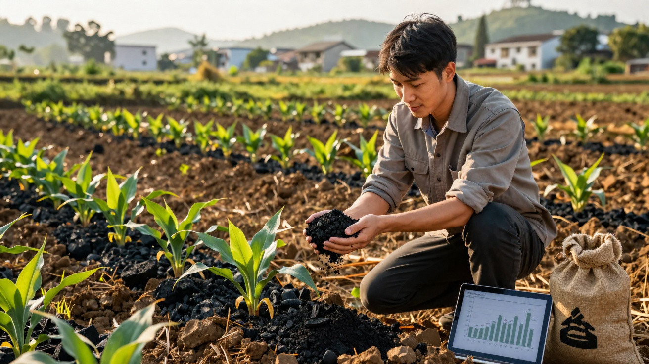 Jeune agriculteur analysant la qualité du sol dans un champ de jeunes plants avec un ordinateur portable à côté.