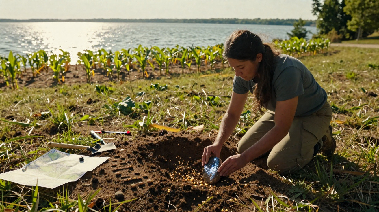 Une femme creuse dans la terre pour planter des graines près d'un champ au bord d'un lac.