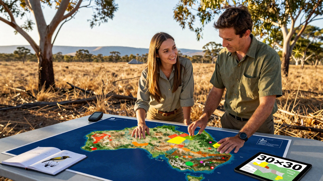Deux personnes discutant autour d'une grande carte d'Australie avec un carnet et une tablette à l'extérieur.