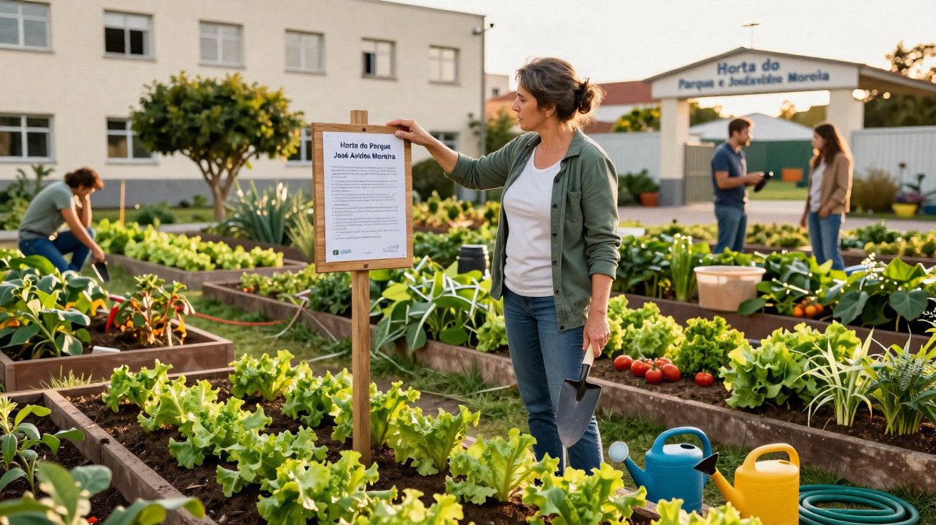 Femme lisant un panneau dans un jardin potager urbain avec légumes et autres personnes travaillant autour.
