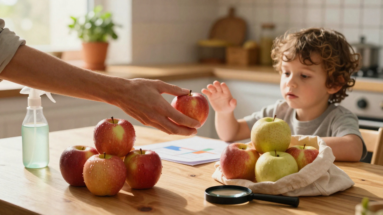 Un enfant assis à une table en bois avec des pommes rouges et vertes, une loupe et un flacon pulvérisateur.