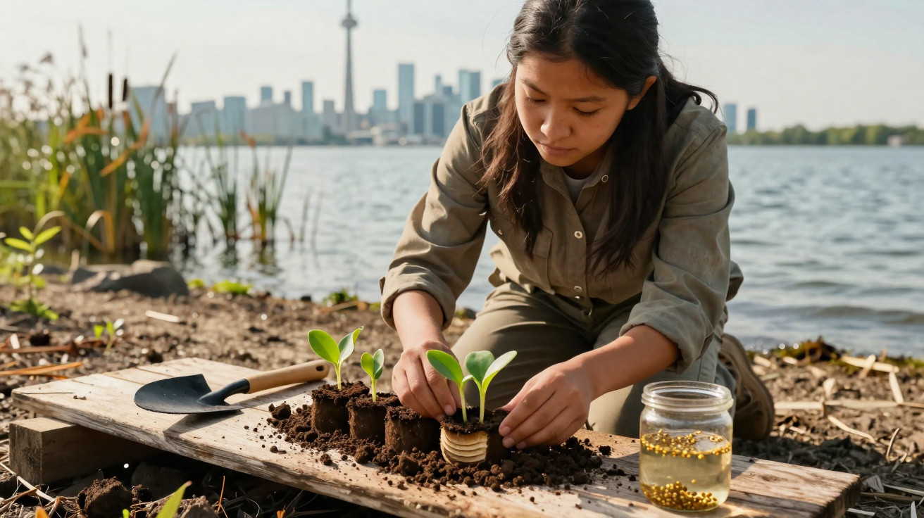 Jeune femme plante des semis sur une planche près d’un lac avec une ville en arrière-plan.