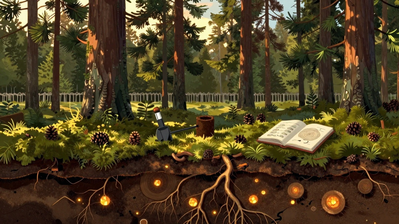 Forêt avec outils de jardinage, livre ouvert et racines souterraines lumineuses au coucher du soleil.