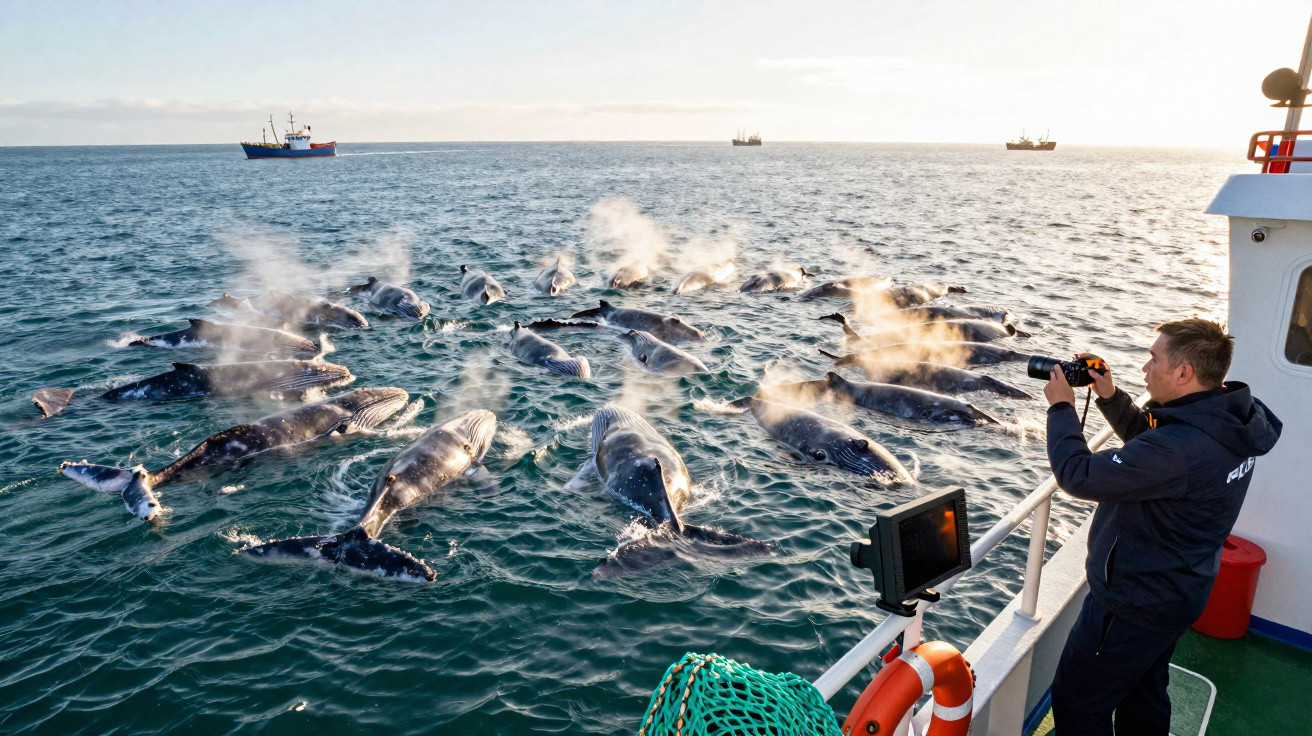Un homme prend des photos de plusieurs baleines proches d'un bateau en pleine mer au coucher du soleil.
