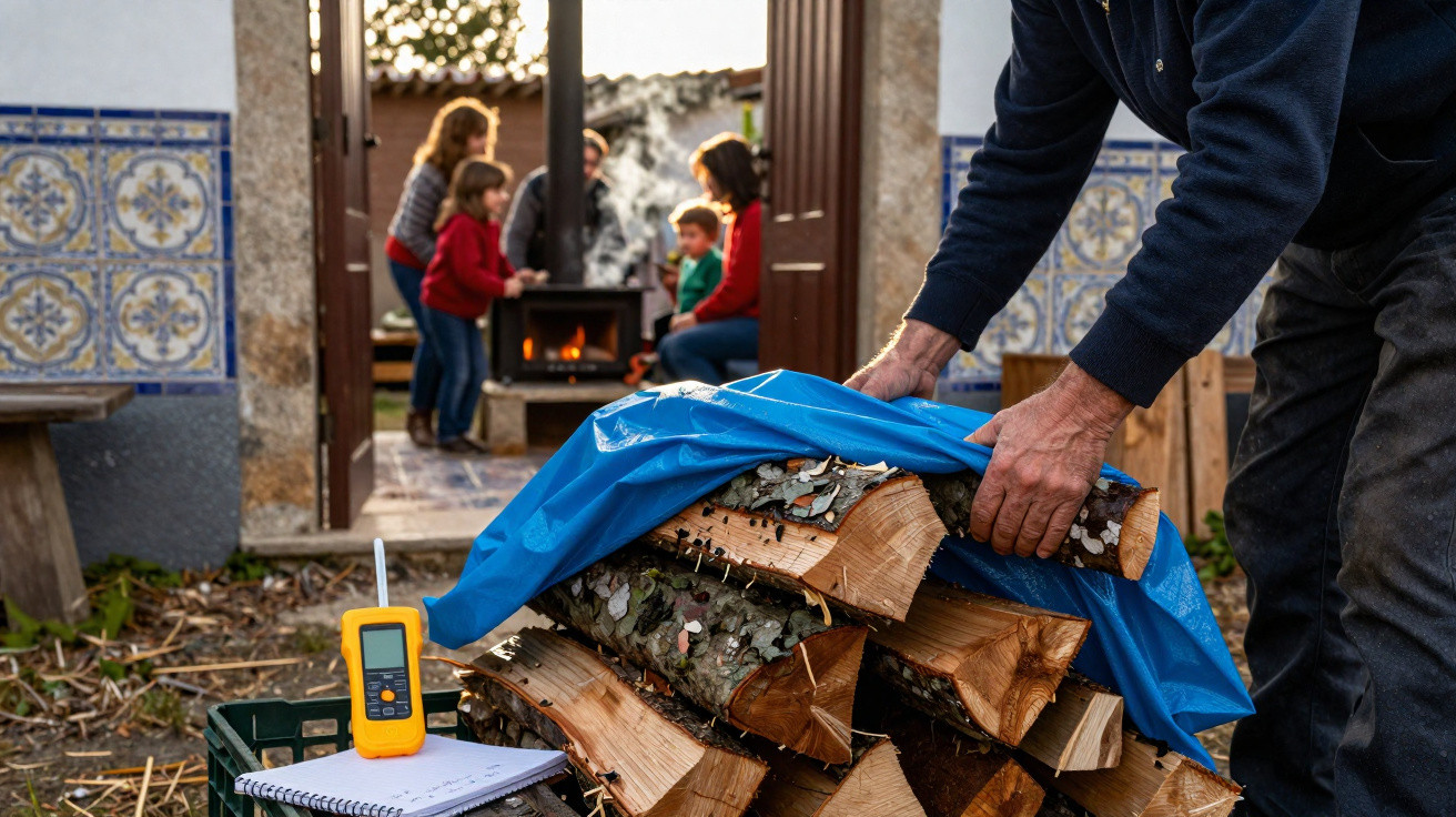 Un homme couvre un tas de bois avec une bâche bleue devant une maison où des enfants et un adulte sont près d'un feu.