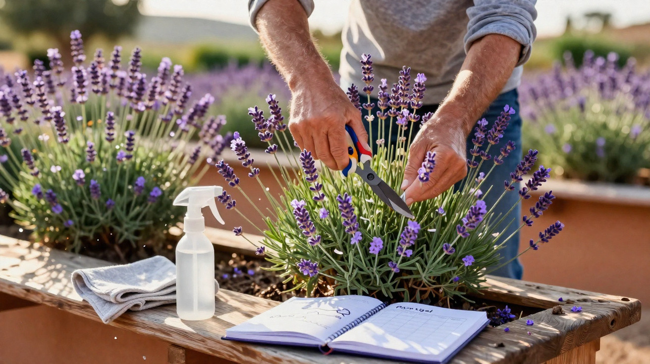 Mains coupant des fleurs de lavande avec des ciseaux, jardinage sur une table en bois, carnet ouvert à côté.