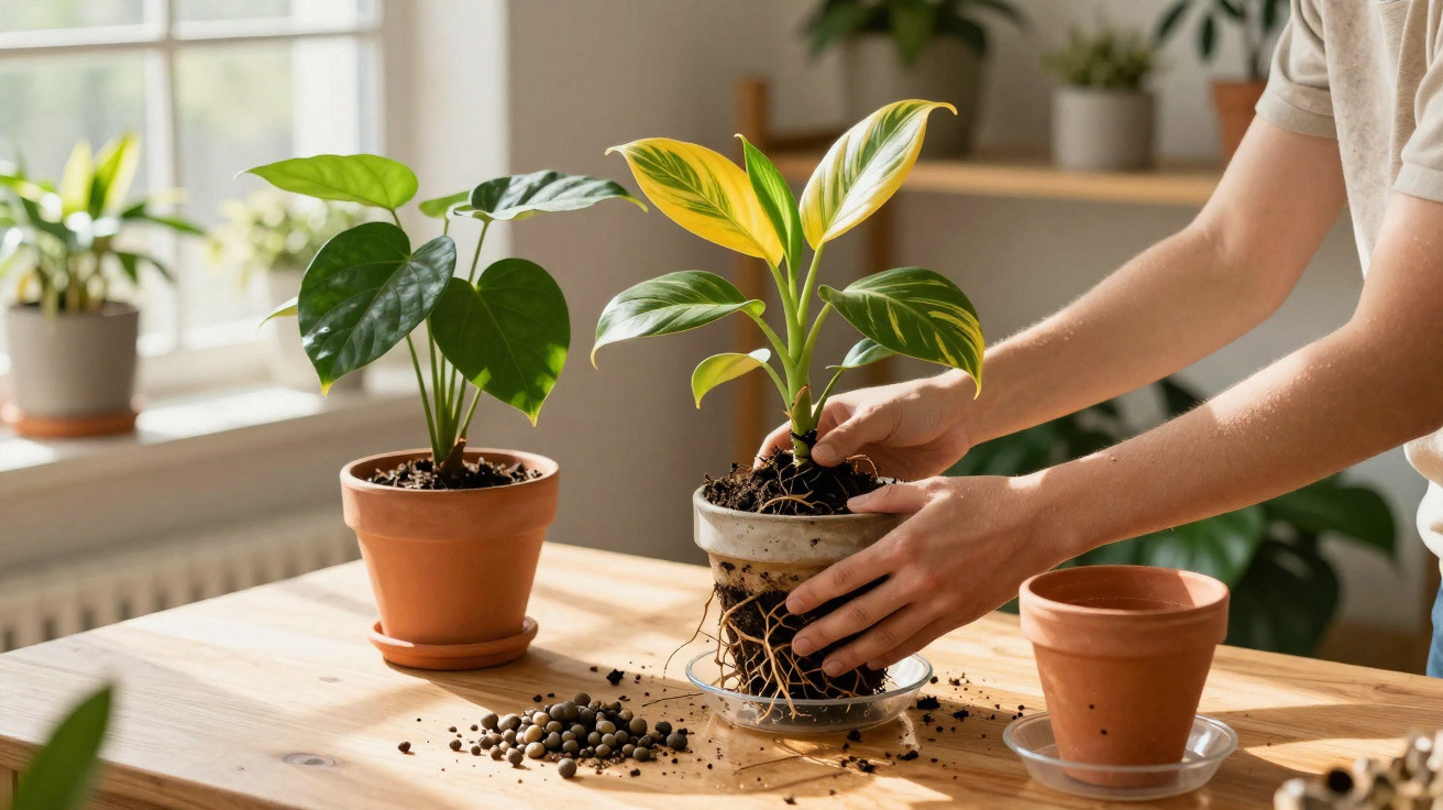 Personne rempotant une plante verte aux feuilles jaunes sur une table en bois en intérieur lumineux.