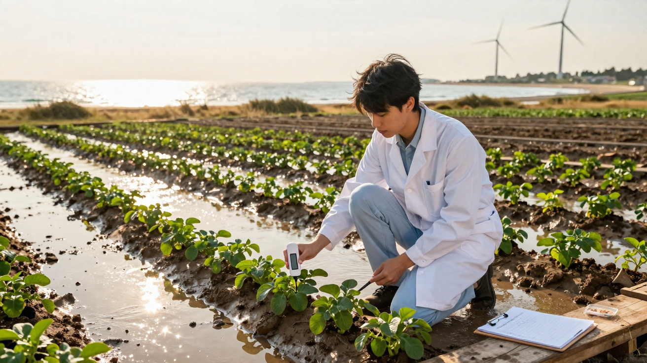 Scientifique en blouse blanche analysant des plantes dans un champ avec éoliennes en arrière-plan au coucher du soleil.
