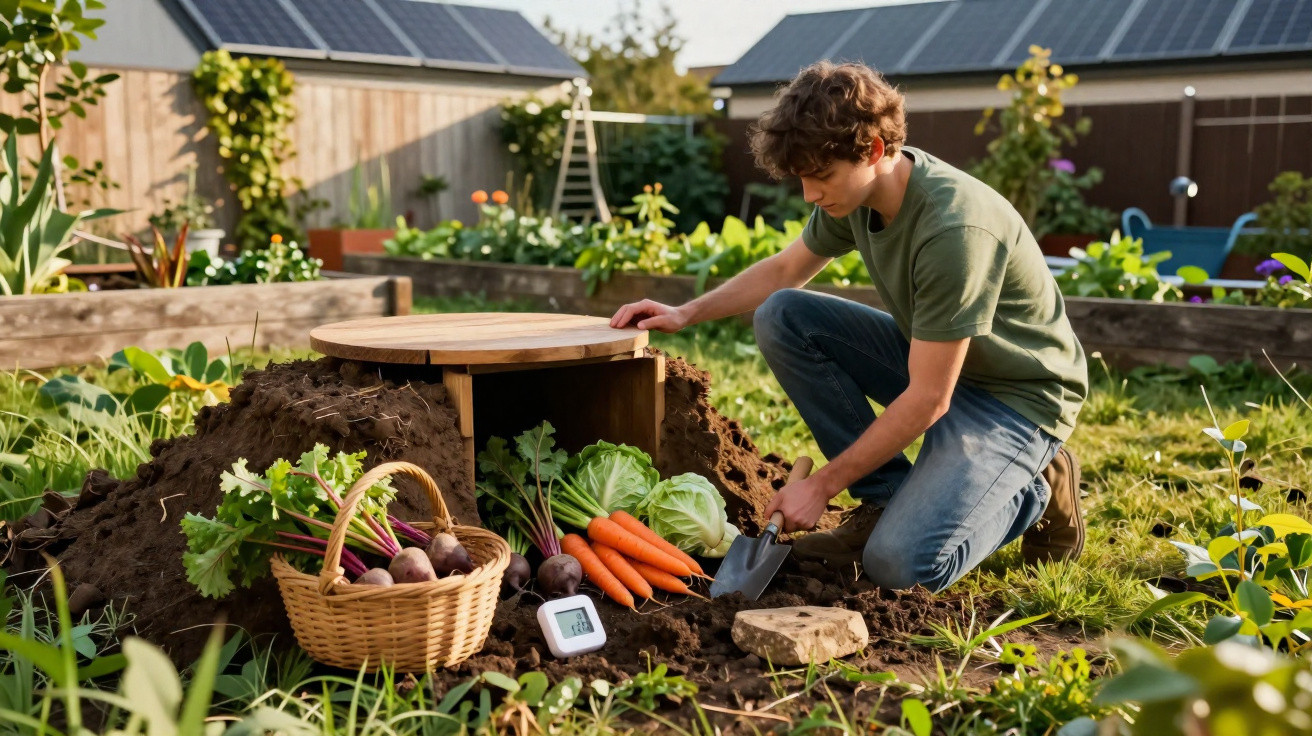 Jeune homme récoltant des légumes frais dans un jardin potager avec un garde-manger souterrain.