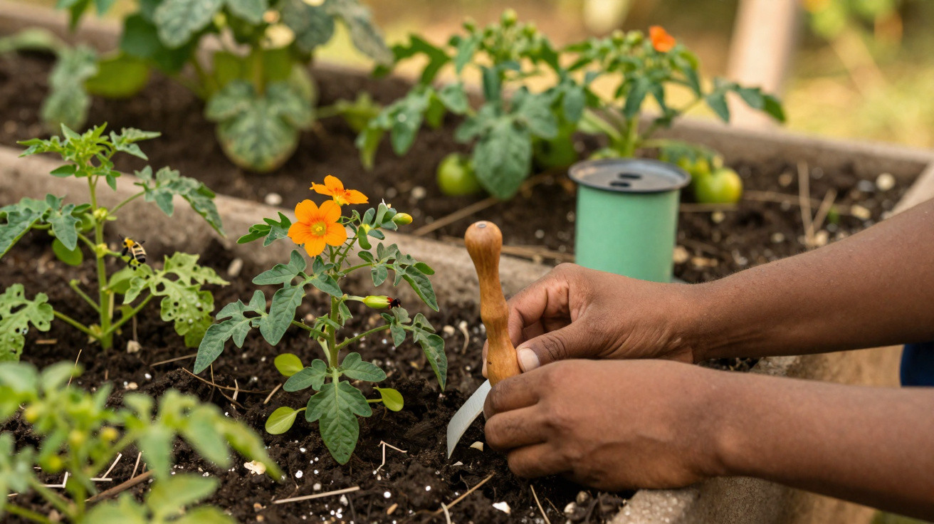 Mains d'une personne jardinant, plantant une fleur orange dans un pot avec un outil de jardinage.