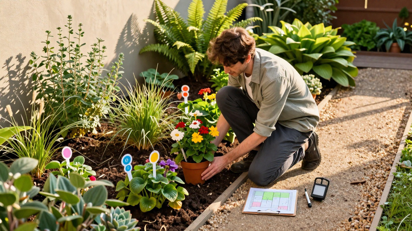 Homme agenouillé plantant des fleurs colorées dans un jardin, avec un plan de jardinage à côté.