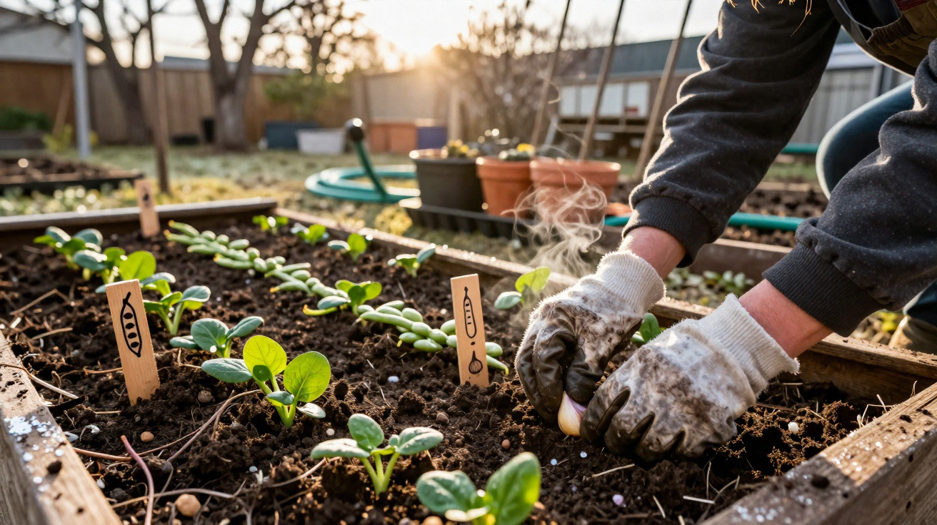 Main gantée plantant une graine dans un potager en carré avec jeunes pousses au soleil couchant.