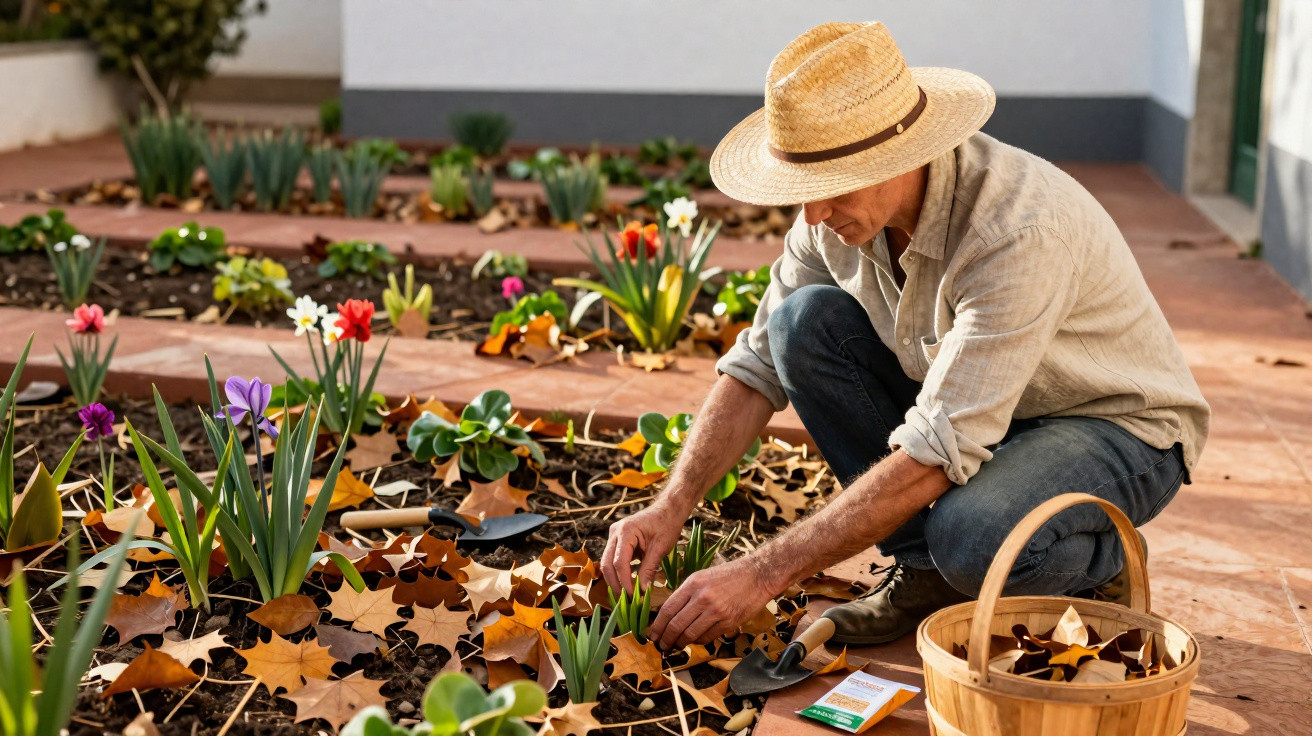 Homme avec chapeau de paille jardinant des fleurs printanières dans un parterre ensoleillé sur terrasse.
