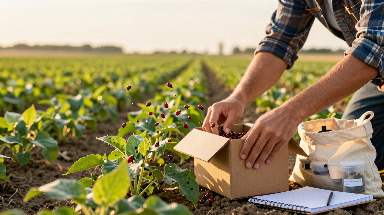 Mains récoltant des coccinelles dans un champ, boîte en carton et carnet au sol au coucher du soleil.