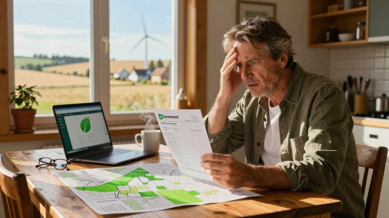 Homme stressé examinant une facture d'énergie à la campagne avec ordinateur et carte sur la table.