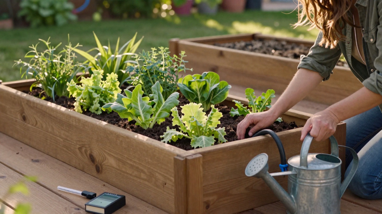 Personne arrosant un potager en carré en bois avec différentes plantes et légumes verts.
