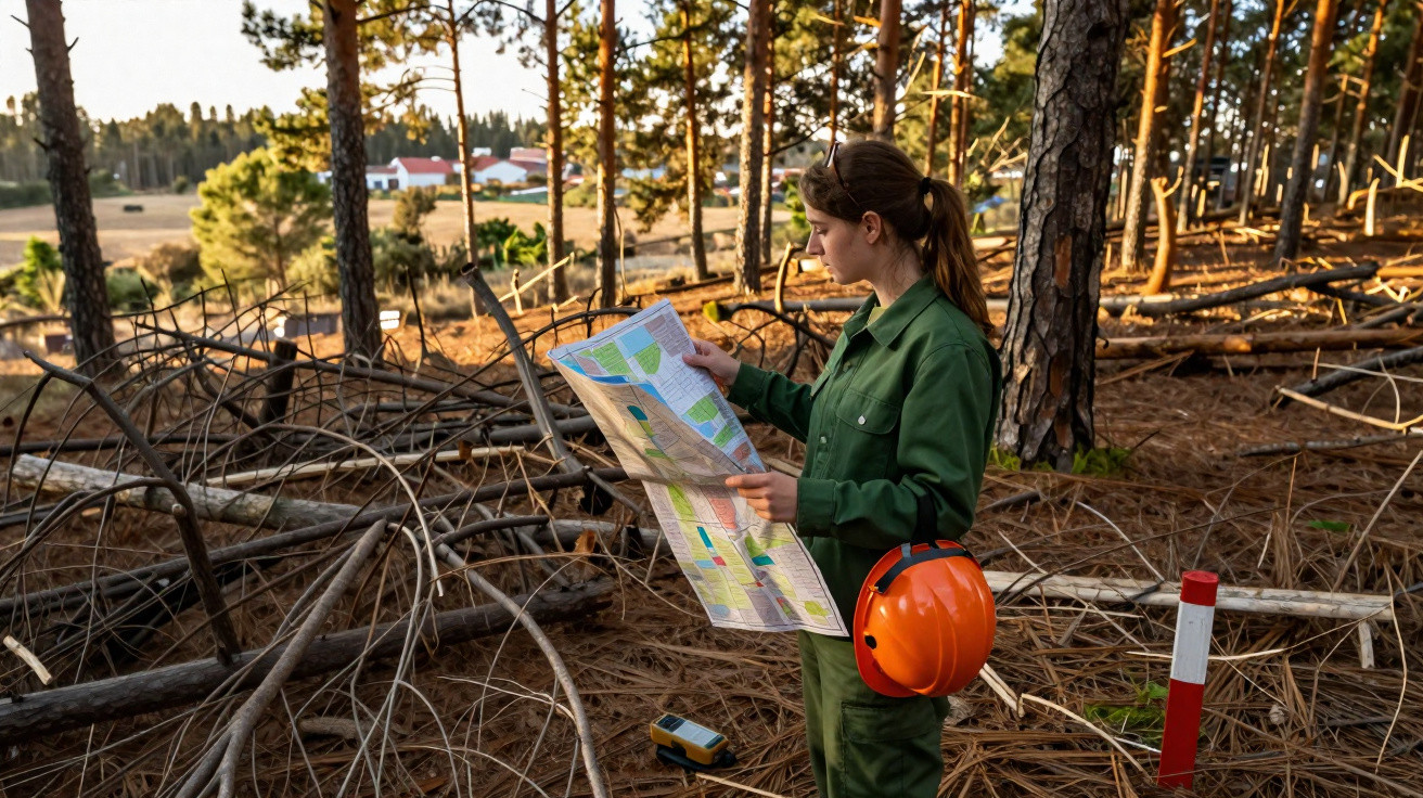 Femme en tenue verte lisant une carte dans une forêt avec branches au sol et casque orange accroché à la ceinture.