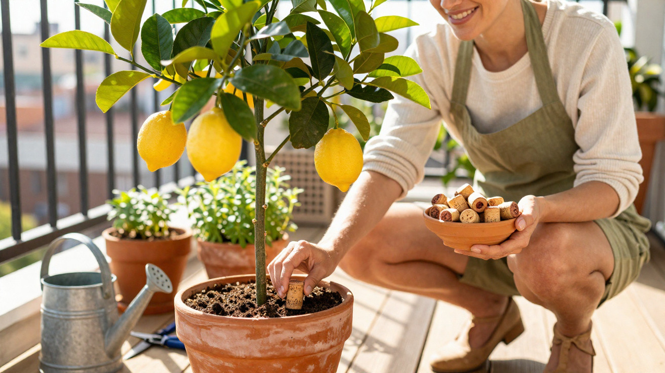 Personne plantant un bouchon de liège dans un pot avec un citronnier en pot sur un balcon ensoleillé.