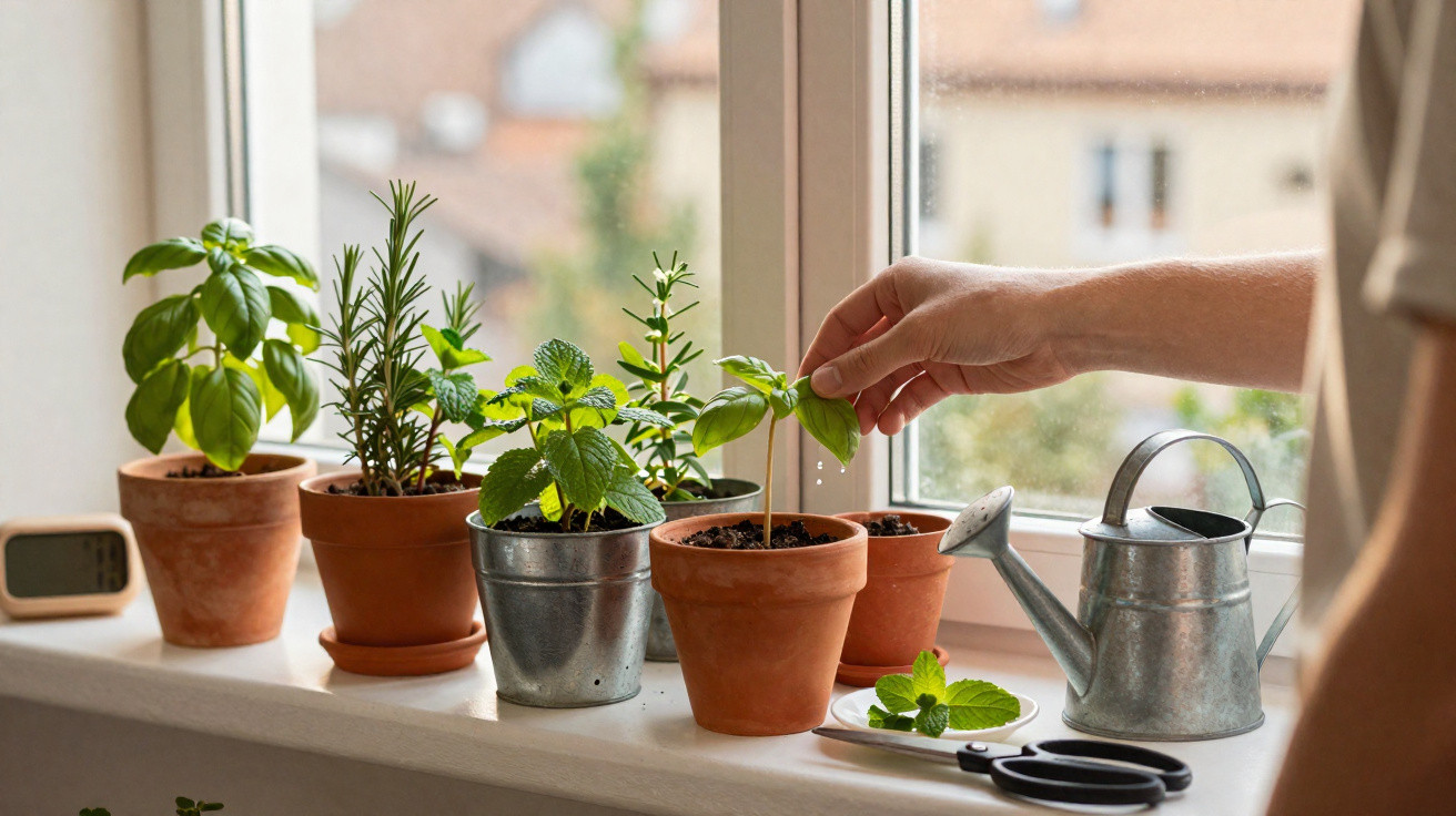 Main cueillant une feuille de basilic parmi des pots d'herbes aromatiques sur un rebord de fenêtre.