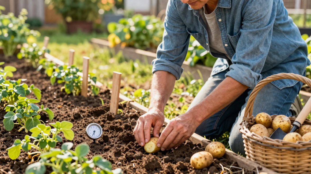 Personne plantant une pomme de terre dans un jardin potager avec un panier rempli de pommes de terre à côté.