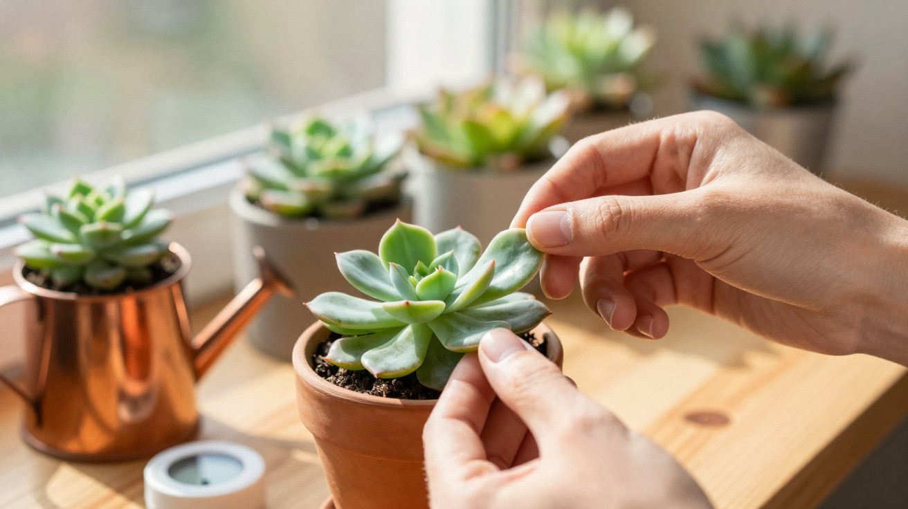 Mains prenant une feuille d'une plante succulente en pot sur un rebord de fenêtre en bois avec d'autres plantes floues.