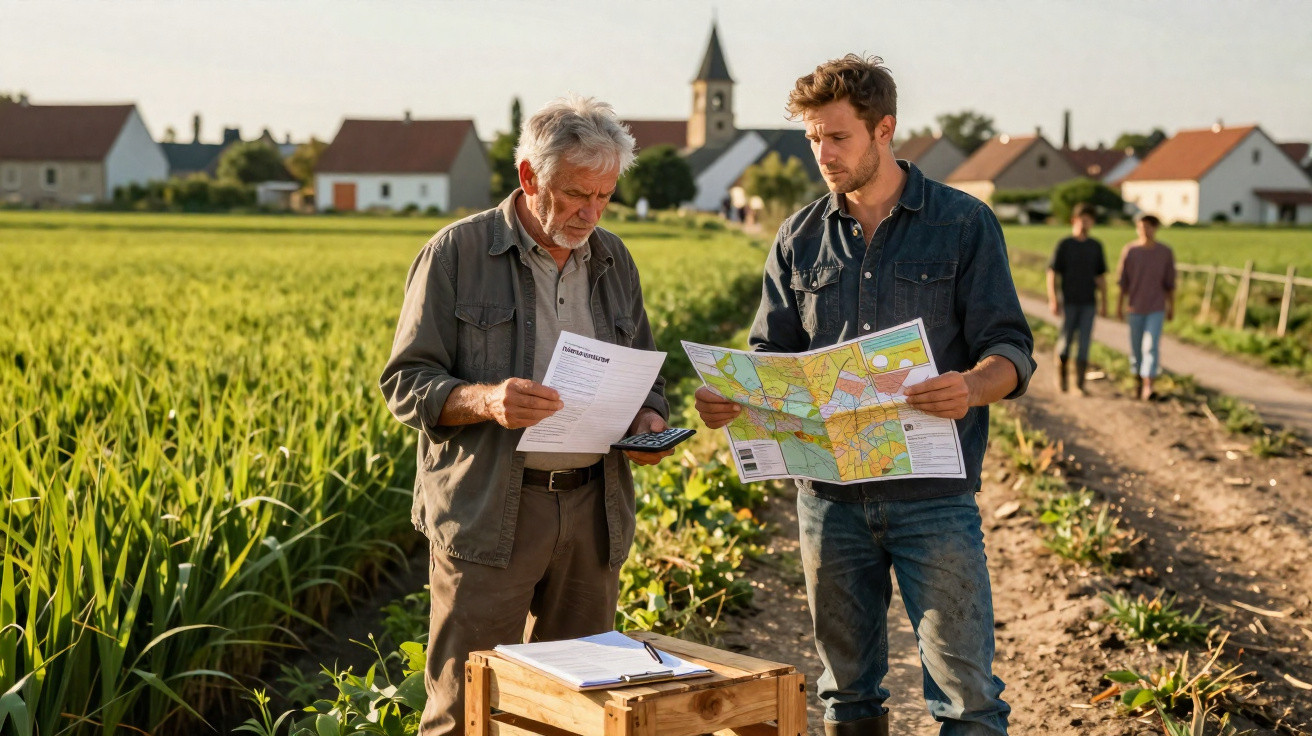 Deux hommes examinant une carte et des documents dans un champ agricole près d'un village au coucher du soleil.
