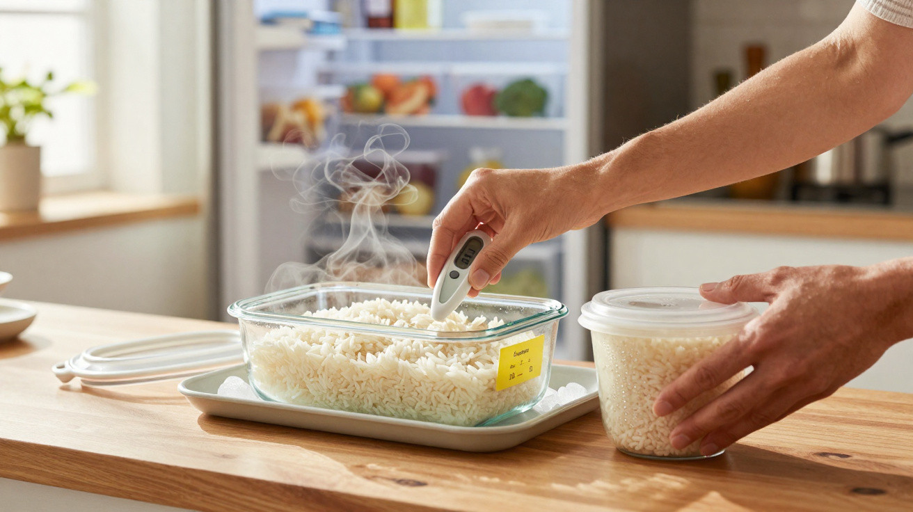 Personne utilisant un thermomètre pour vérifier la température du riz chaud dans un plat en verre.