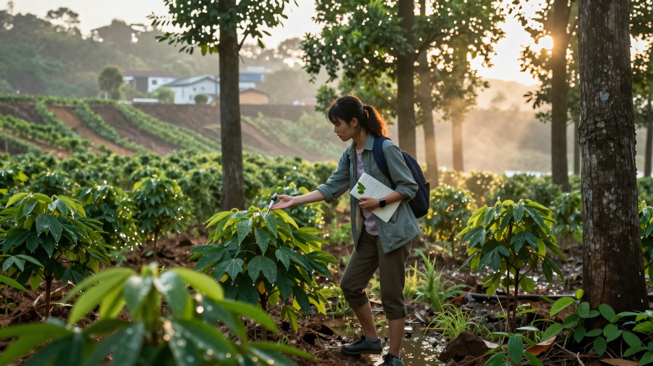 Femme inspectant les plants dans une plantation verte au lever du soleil avec carnet et sac à dos.