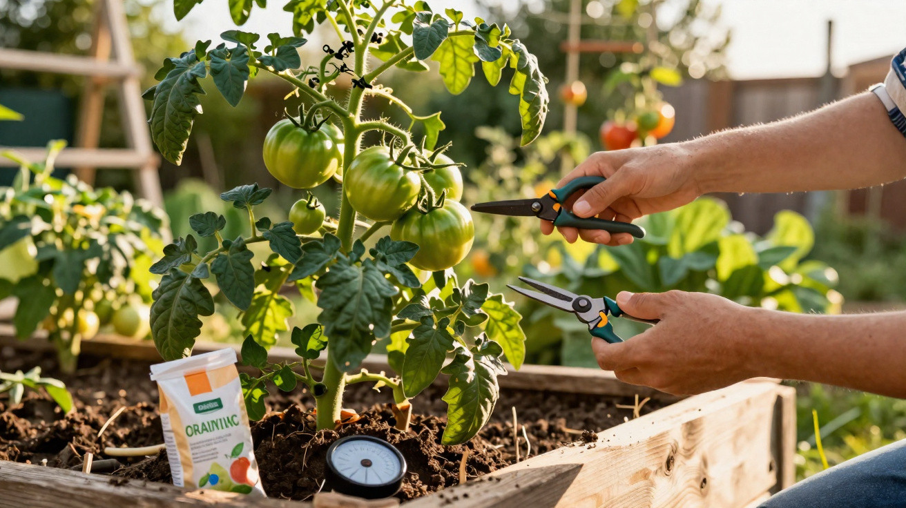 Personne taillant des plants de tomates vertes dans un potager en carré sous le soleil.