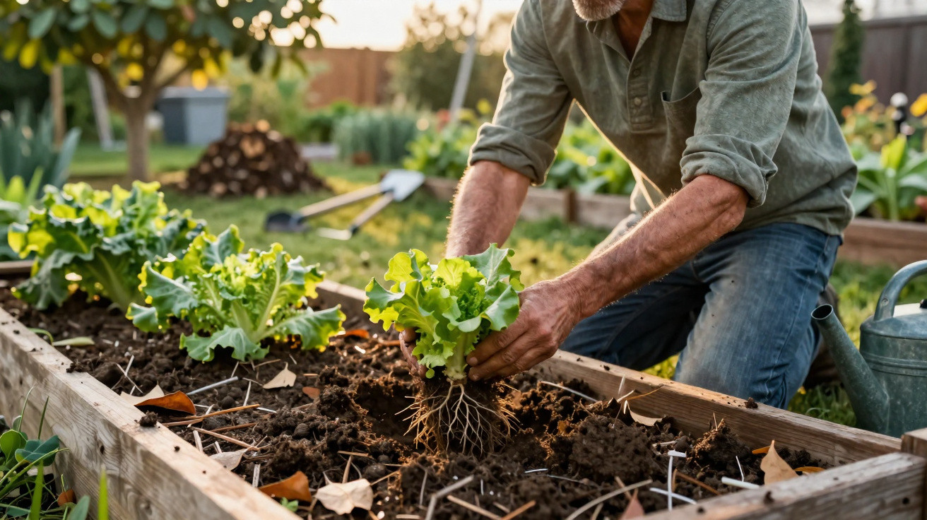 Un homme plante de la laitue dans un potager en pleine journée ensoleillée.