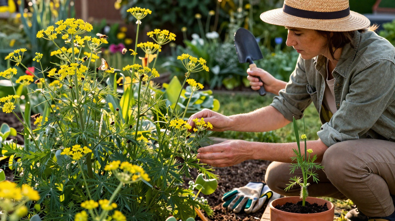 Femme en chapeau de paille jardinant parmi les fleurs jaunes avec un outil et un pot de plante à côté.