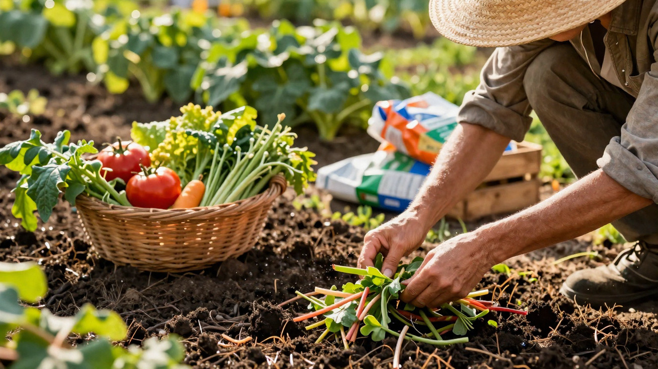 Personne récoltant des légumes frais dans un jardin avec un panier rempli de tomates, carottes et fanes.