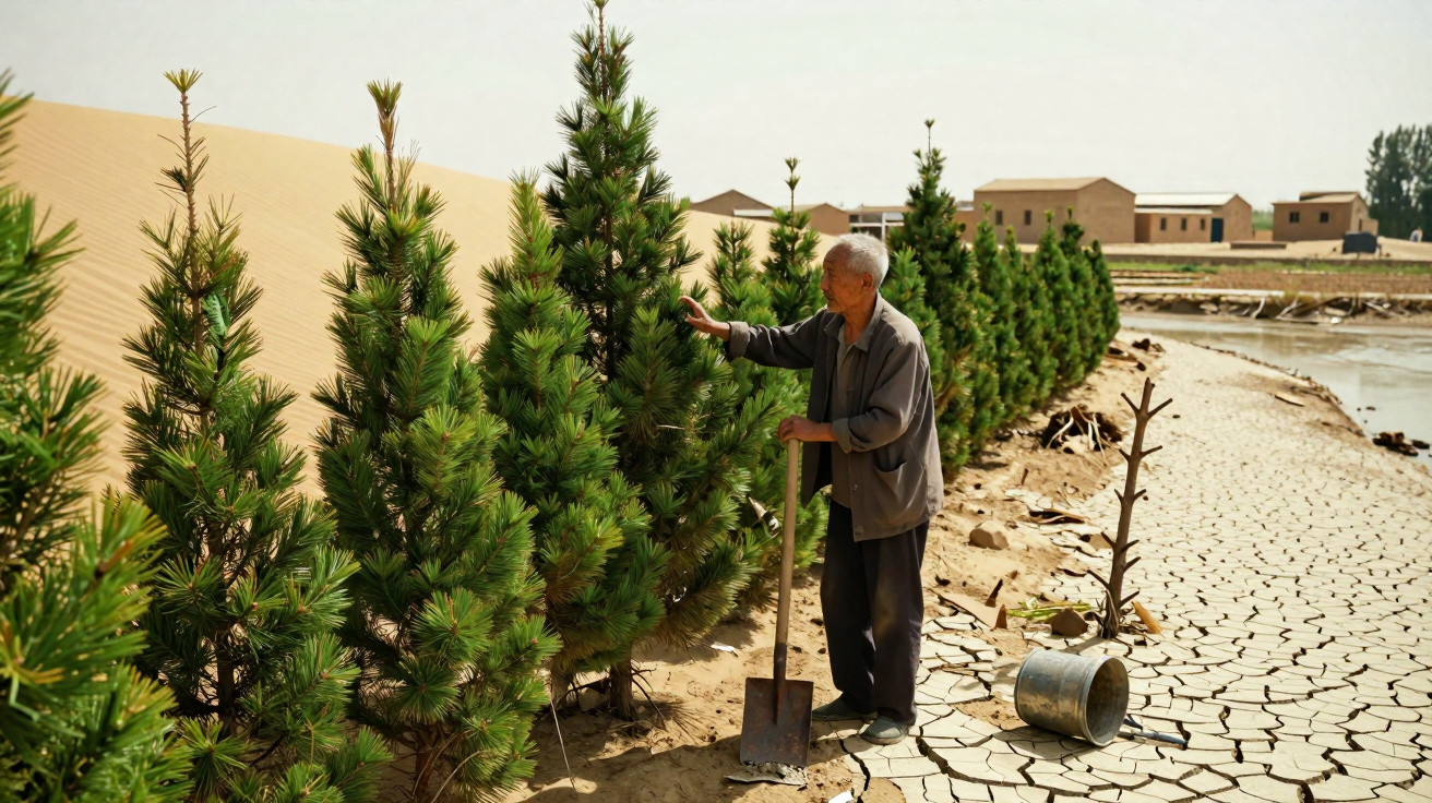 Un homme âgé tient une pelle et touche un sapin planté dans un sol sec et désertique.