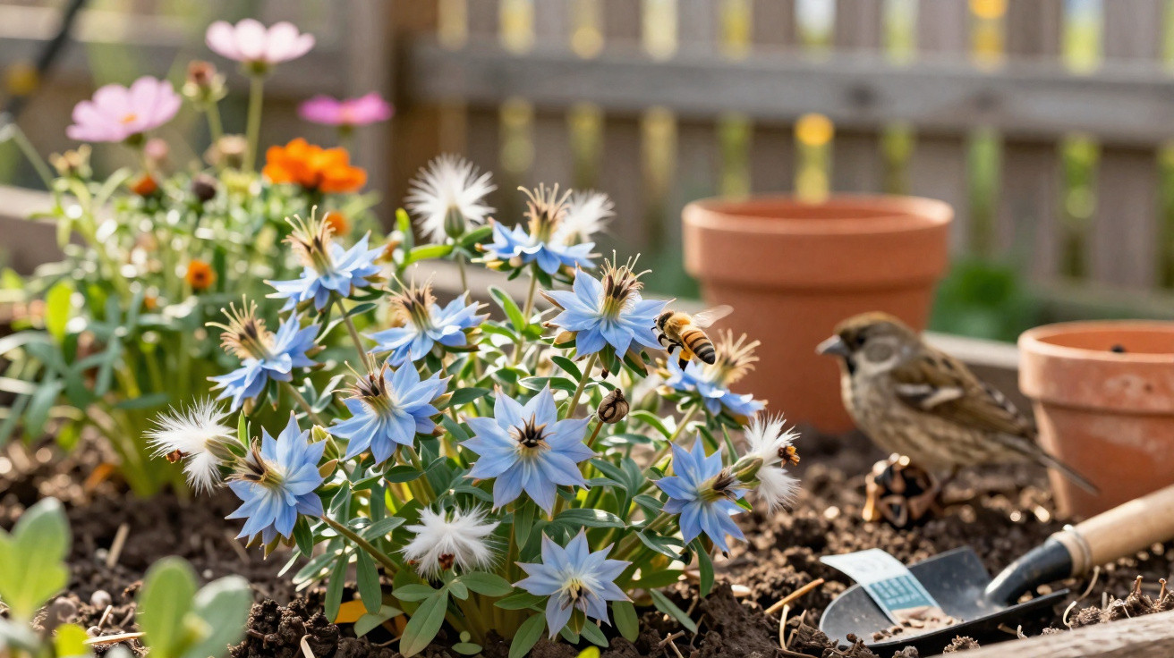 Fleurs bleues et blanches dans un pot, abeille en vol et oiseau posé près d'un outil de jardinage.