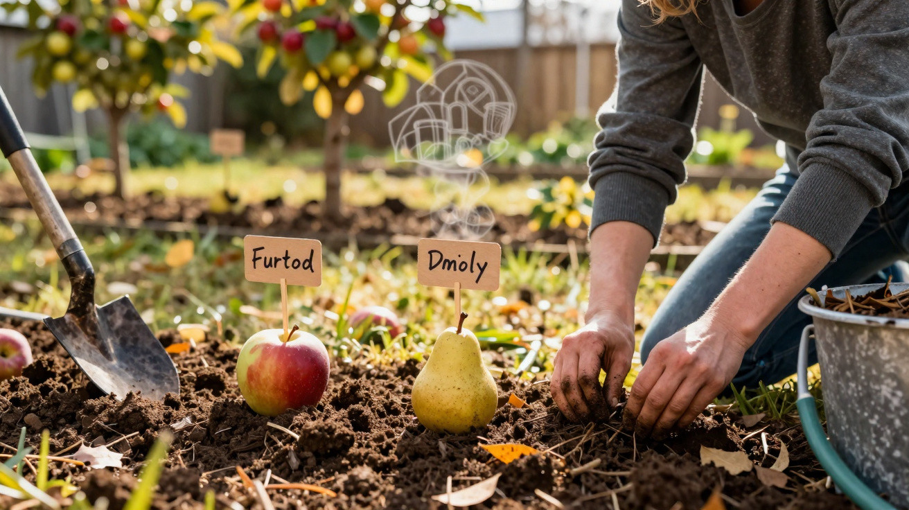 Personne plantant un fruit étiqueté dans un potager, avec une bêche et un seau à proximité.
