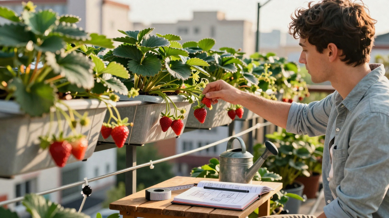 Jeune homme récoltant des fraises sur un balcon urbain avec arrosoir et plan d'aménagement sur la table.