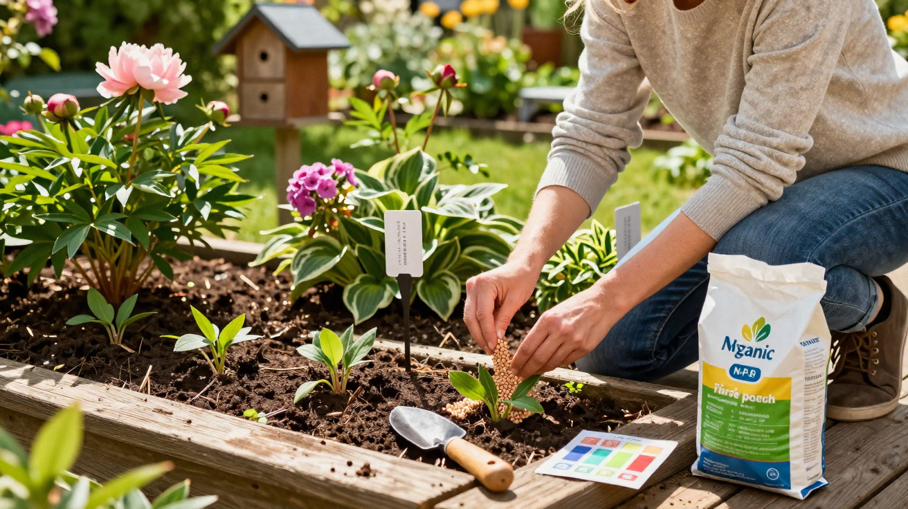 Personne plantant des graines dans un jardin surélevé entouré de fleurs et d’outils de jardinage.