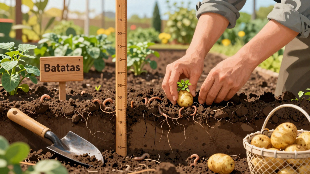 Vue en coupe d’un cultivateur récoltant des pommes de terre dans un potager avec plusieurs vers de terre visibles dans la ter