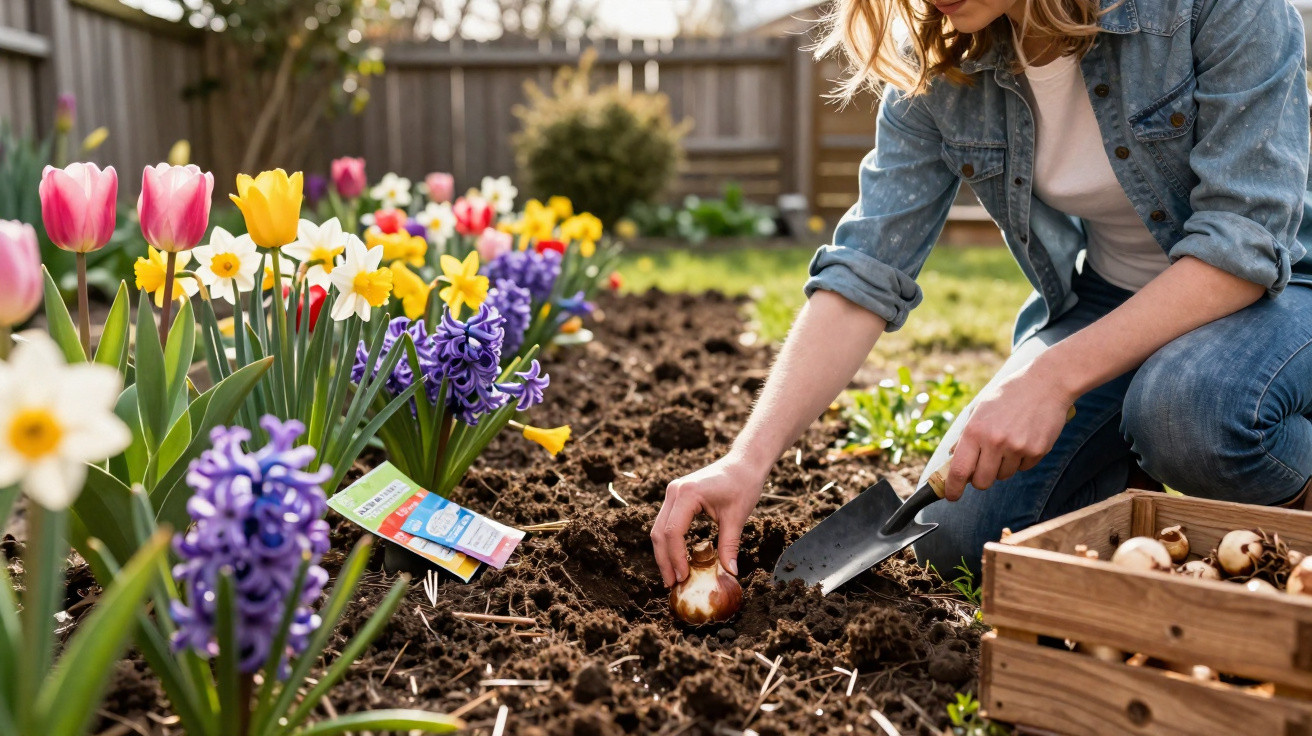 Femme plantant des bulbes de fleurs dans un jardin au printemps avec tulipes et jacinthes colorées.