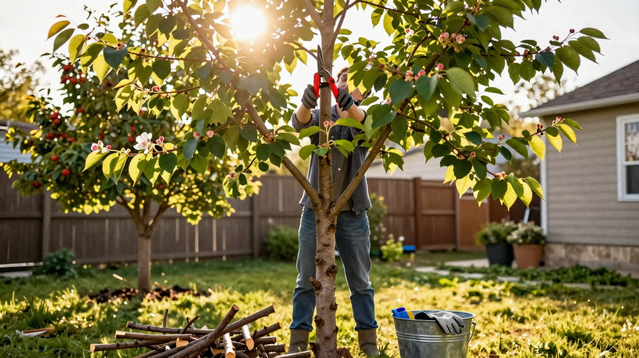 Personne taillant un arbre fruitier au soleil couchant dans un jardin avec seau et branches coupées.