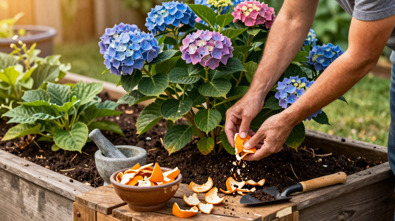 Mains répandant des écorces d'orange sur un jardin surélevé avec hortensias bleus et outils de jardinage.