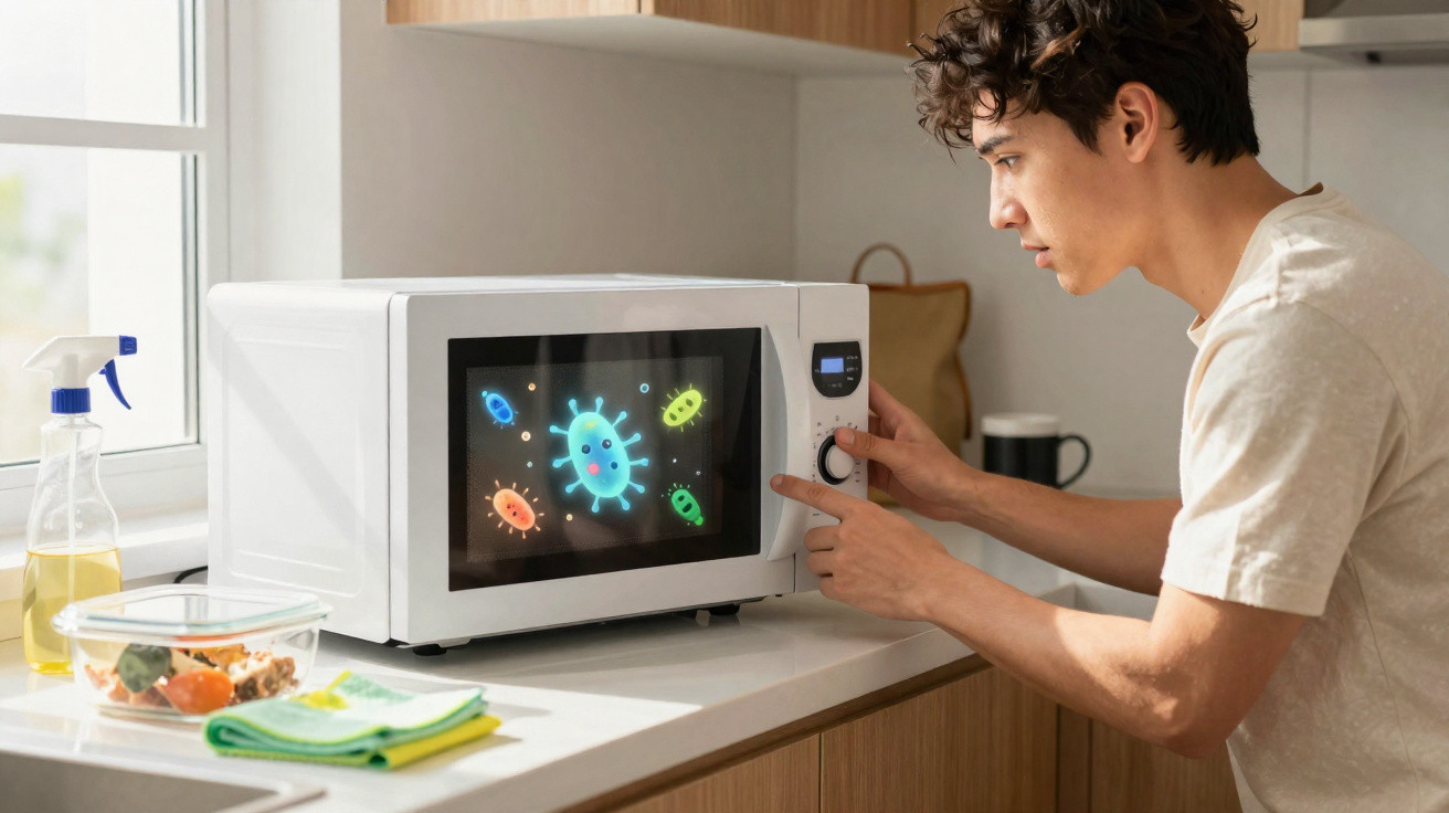 Homme près d’un micro-ondes montrant des images animées de microbes colorés sur l’écran.
